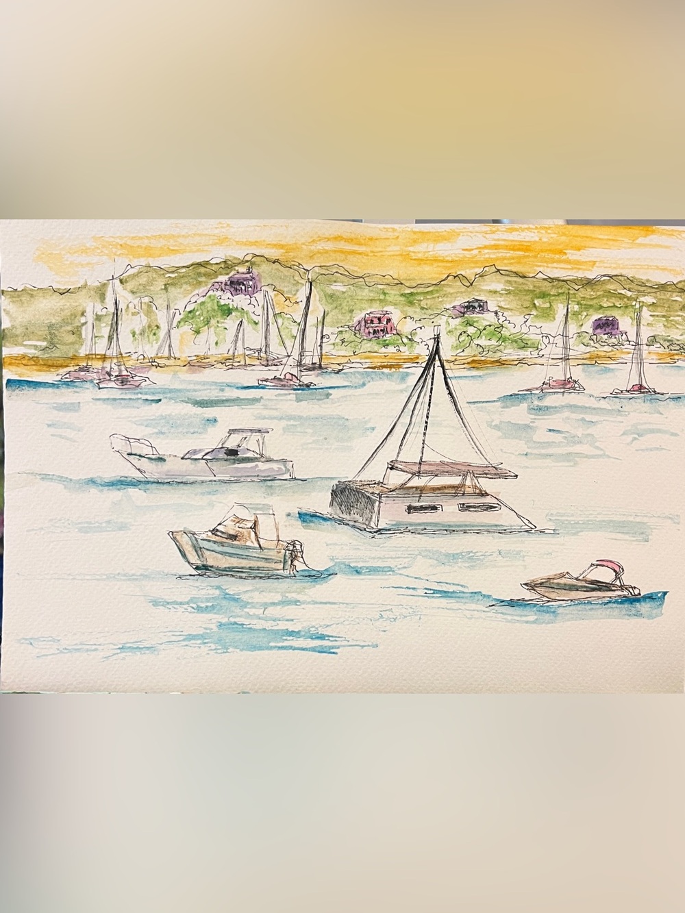 Seaside Sailboats Watercolor handpainted  wall  art coastal